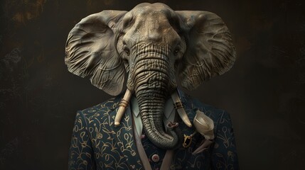 Elephant wearing suit with embroidered details and floral tie. Anthropomorphic animal portrait on dark background. Business attire and formal clothing concept for design and print. Studio photography.