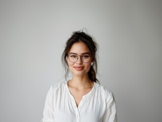 Obraz premium Stylish young brunette woman smiling on a white background. Beauty and fashion. Style.