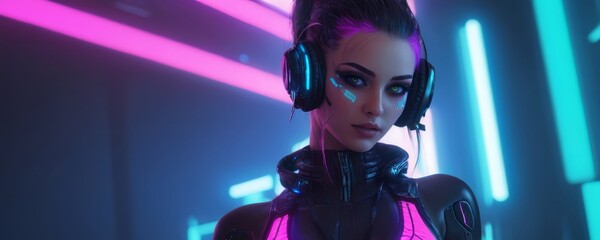 Naklejka premium cyperpunk portrait of a woman, closeup of a girl in a city