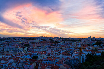 Beautiful sunset over Lisbon, Portugal. View from Graca viewpoint .