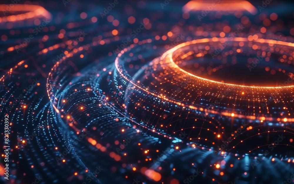 Poster abstract futuristic glowing neon light rings and particles in a dark space. cyber space background w