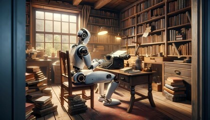 A humanoid robot is seated at a desk inside a library. It appears to be engaged in reading or studying materials. The robots metallic body contrasts with the surrounding books and shelves. The scene