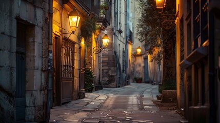 Obraz premium A picturesque alleyway with rustic streetlights casting a warm glow on centuries-old architecture.
