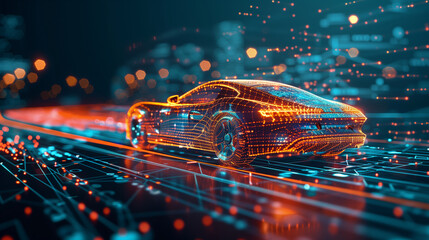 A futuristic car made of digital particles on cyber tech background