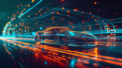A futuristic car made of digital particles on cyber tech background