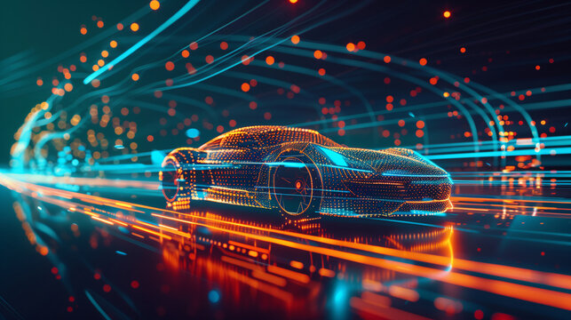 A futuristic car made of digital particles on cyber tech background - Powered by Adobe