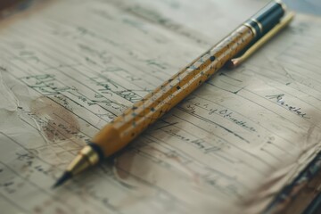 Fototapeta premium A revolutionary pencil with builtin HUD hologram capabilities lay next to the oldfashioned paper, merging traditional writing with cuttingedge technology