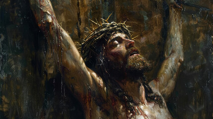 Oil painting of Jesus on the cross, with a crown of thorns.