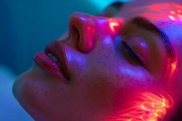 Fototapeta premium LED Light Therapy Facial Close-Up with Colorful Glowing Lights for Skincare Technology and Relaxation Concept