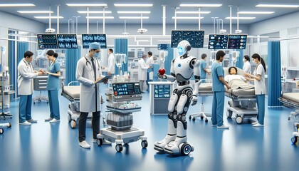 A group of medical professionals is gathered around a humanoid robot, possibly in a hospital or laboratory setting. They seem to be studying or discussing the robots capabilities for medical use.