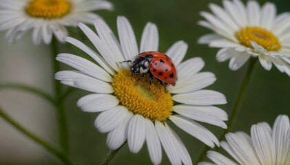 Fototapeta premium Ladybug on a camomile close-up in a summer field.