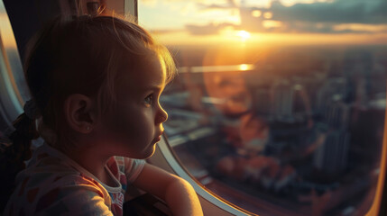 Young girl stares out the window of the plane, watching the sunset over the city. - Powered by Adobe