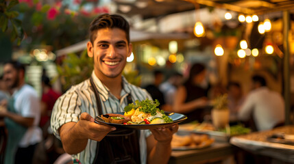 A dish of food in the hands of a waiter