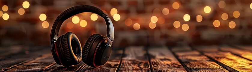 A single pair of headphones on a wooden background with a blurred backdrop suitable for advertising