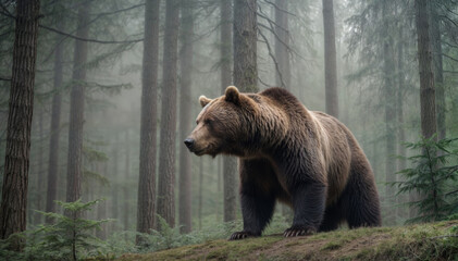 Close-up of a grizzly bear in the forest with blurred background
