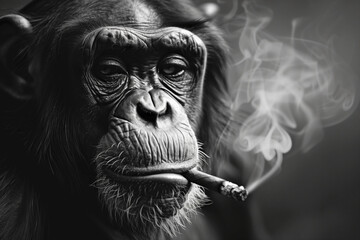 Portrait of Monkey Smoking Cigarette in Black and White