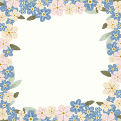 Ozdobna ramka z niezapominajkami. Kwiatowy wianek, botaniczne tło na kartki z życzeniami do wykorzystania na Dzień Matki, wesele, rocznice, zaproszenia ślubne.