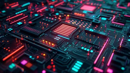 Obraz premium Bright and colorful circuit board close-up featuring glowing neon lights and intricate electronic components, showcasing futuristic technology.