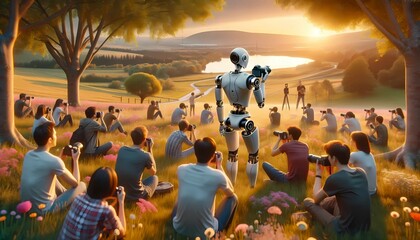 A group of individuals sitting in a grassy field next to a humanoid robot, engaging in conversation and observation of the technology.
