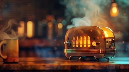 A single toaster with imaginative elements, a unique background, and advanced themes to evoke a sense of wonder with a blurry backdrop and copy space