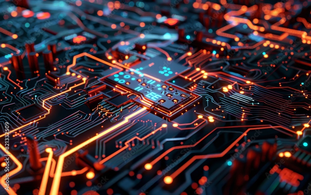 Aufkleber Close-up of a complex and futuristic computer motherboard with glowing circuits and intricate details, showcasing advanced technology.
