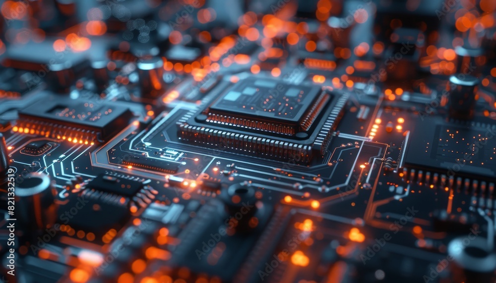 Aufkleber Close-up of a computer motherboard with glowing circuits and components, showcasing high-tech electronics and advanced technology.