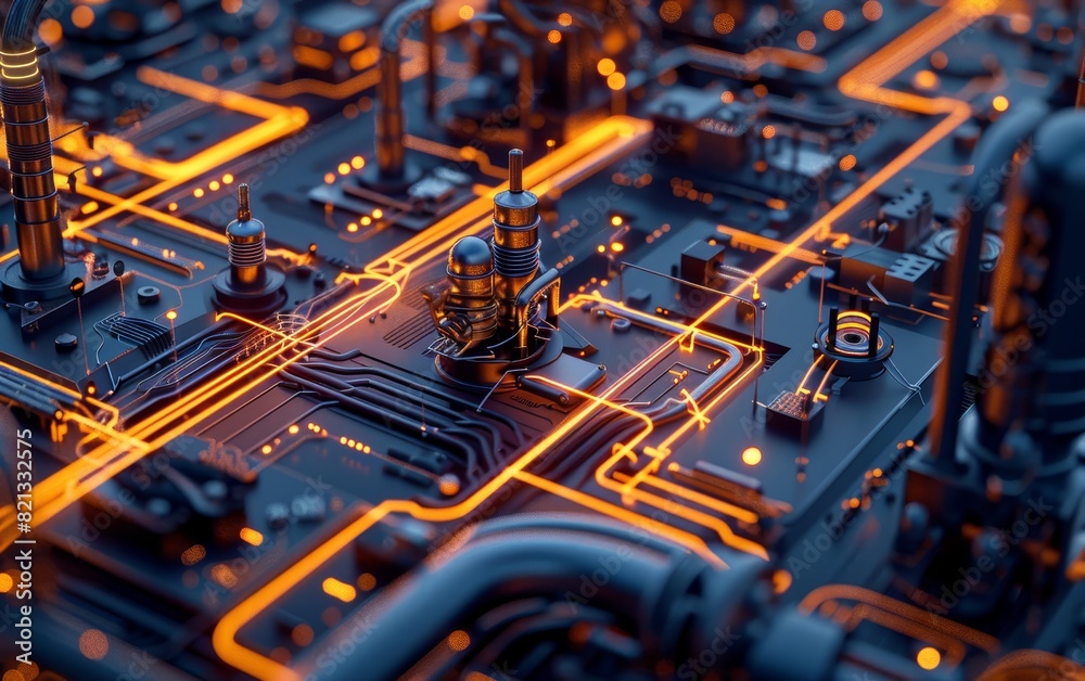 Poster close-up of a futuristic circuit board illuminated with glowing orange pathways, representing advanc