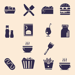 set of icons, various foods and drinks, as well as cutlery, vector illustrations,