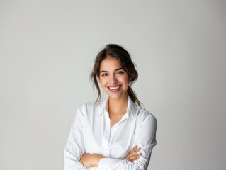 Stylish young brunette woman smiling on a white background. Beauty and fashion. Style.