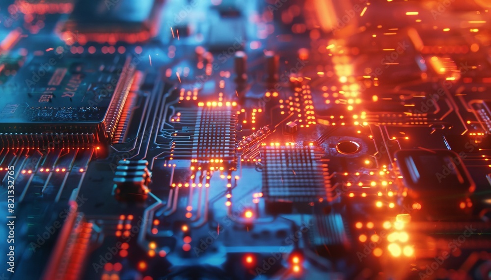 Aufkleber Close-up of a glowing electronic circuit board with intricate circuitry, showcasing modern technology and hardware components.