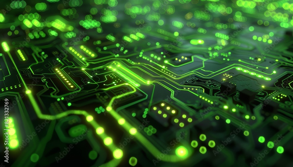 Poster Close-up of a glowing green circuit board illustrating advanced technology, electronic components, and the concept of modern computing.