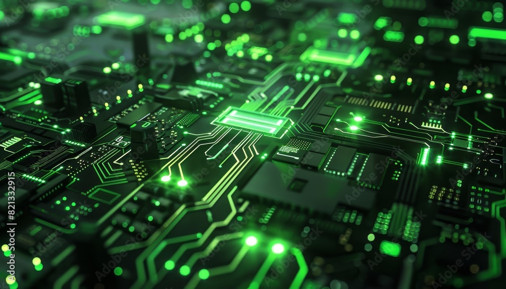 Poster close-up view of a green illuminated circuit board depicting modern technology, electronics, and dig