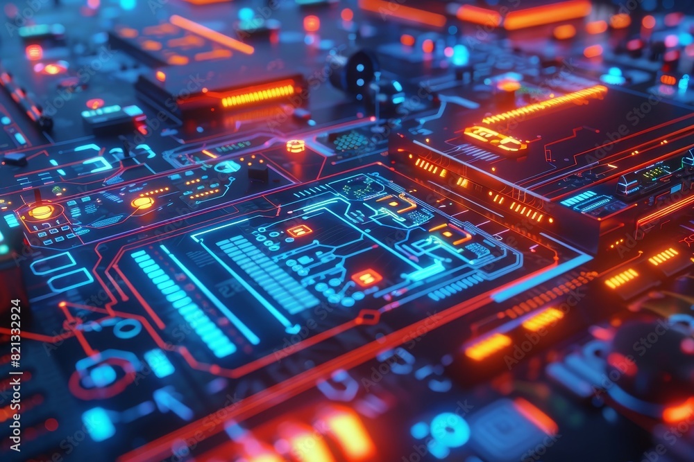 Aufkleber Close-up view of an illuminated computer motherboard showcasing intricate circuits and glowing components in vibrant colors.