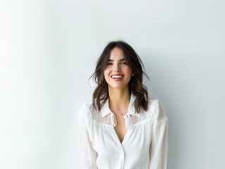 Obraz premium Stylish young brunette woman smiling on a white background. Beauty and fashion. Style.