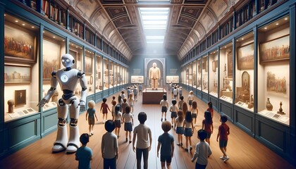 A group of diverse individuals stand in a museum, attentively observing a humanoid robot on display. The robot is intricately designed and stands tall, surrounded by fascinated onlookers.