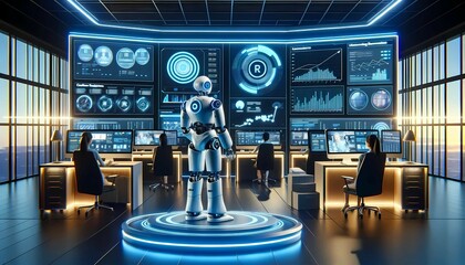 In a futuristic office setting, a humanoid robot stands in front of the building. The robot appears to be in a stationary position, possibly guarding the entrance or welcoming visitors. The sleek