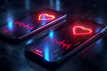 Two smartphones displaying synchronized heartbeat apps to feel connected