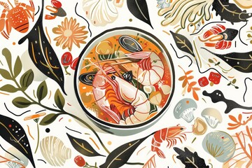 An illustrated topview of a bowl of seafood soup