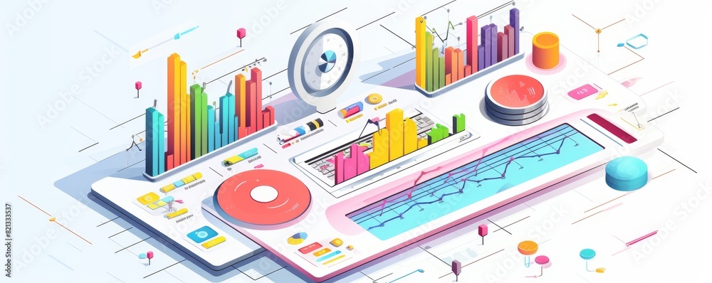 Aufkleber Colorful data analytics dashboard with charts and graphs showcasing business statistics on modern digital interface.