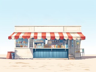 Colorful beachside snack shack with striped awning on a sunny day, offering various refreshments and snacks, perfect for a summer beach visit.