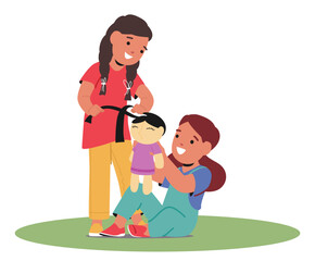 Young Girls Engaged In Playful Activity Sitting On Playmat, Sharing And Interacting With Colorful Doll, Childhood Scene