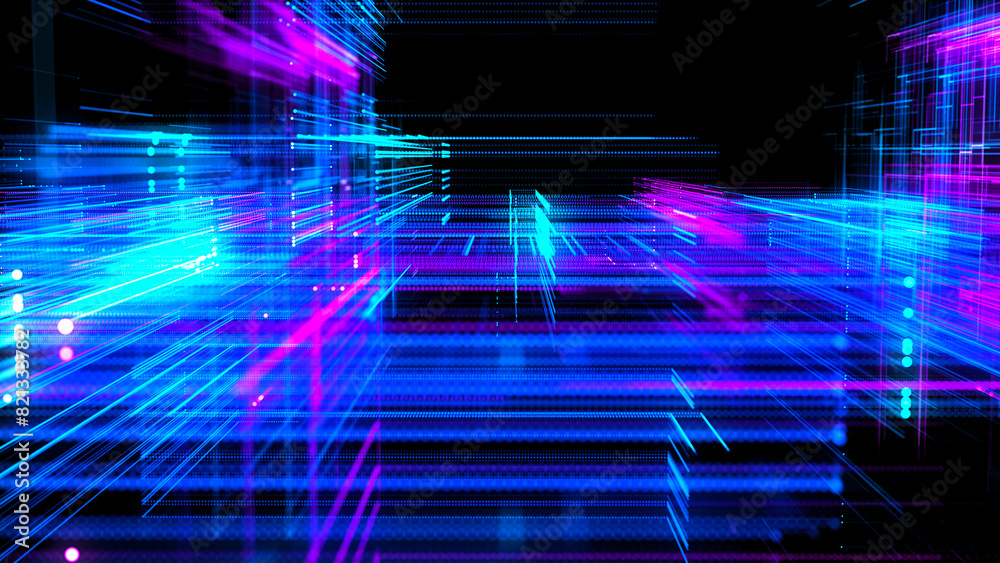 Poster abstract techno background. three-dimensional composition of intersecting multi-colored grids. infor