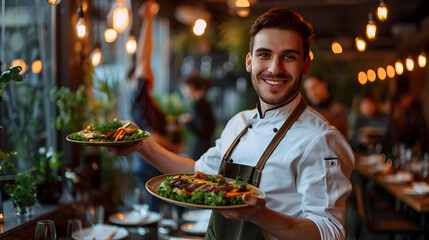 A dish of food in the hands of a waiter