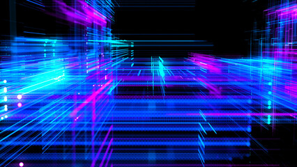 Abstract techno background. Three-dimensional composition of intersecting multi-colored grids. Information technology concept. Digital cyberspace with particles. 3d rendering.