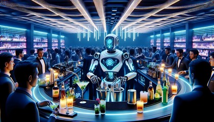 A futuristic bar setting with a sleek design and modern technology. A robot is seen sitting at the bar, blending in with human patrons. The atmosphere is buzzing with energy and a hint of sci-fi