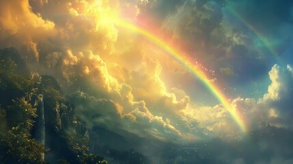 A magical land where colors dance in the sky. A rainbow stretches across a dreamy background, inviting you to a realm of wonder.