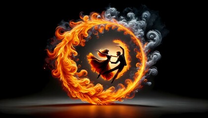 Two individuals are seen engaging in a dance within a circle of flames, showcasing a striking display of movement and intensity as they weave through the fiery ring.