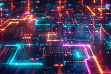 Colorful neon circuit board with intricate pathways and vibrant lights, representing futuristic technology and digital connectivity.