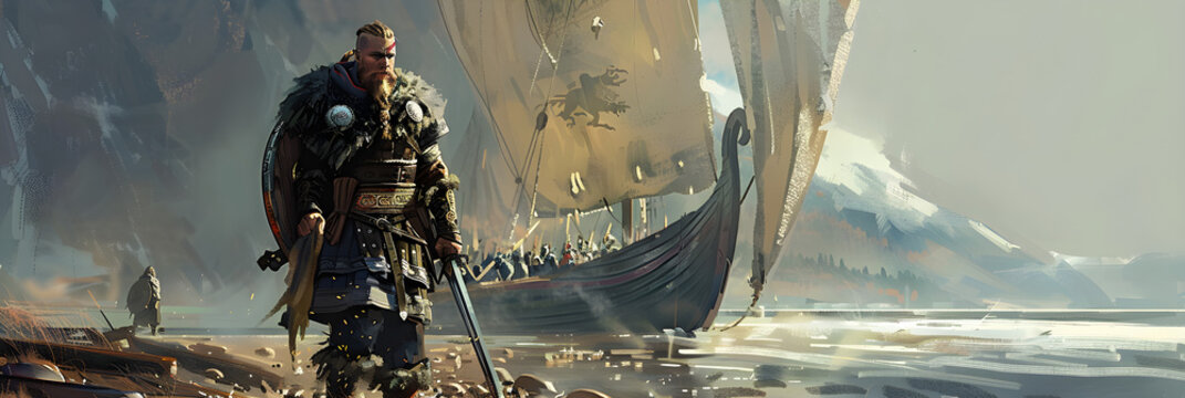 Male Viking Warrior Disembarking from a Long Ship