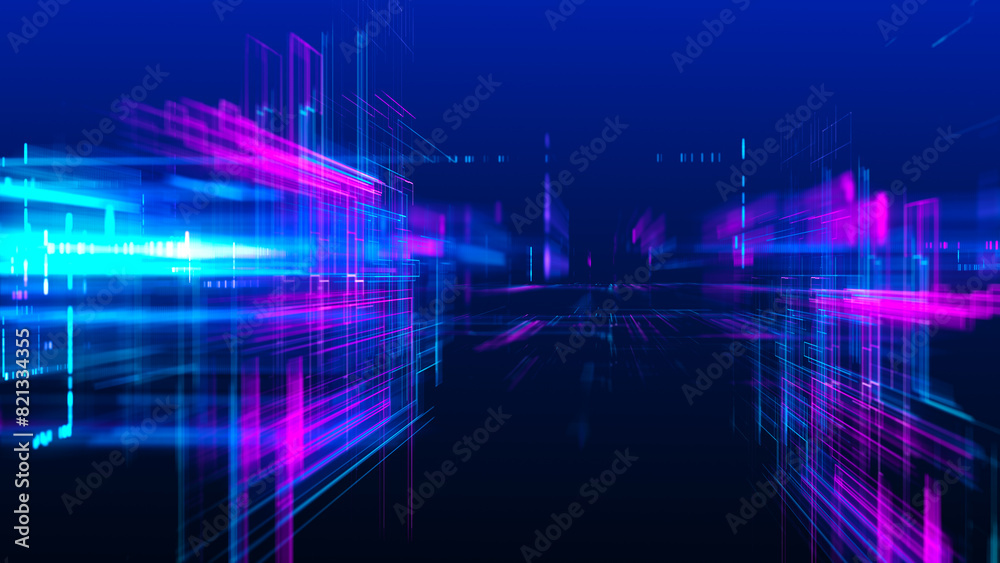 Poster abstract techno background. three-dimensional composition of intersecting multi-colored grids. infor